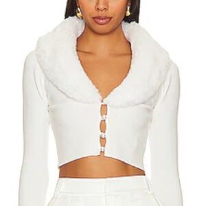 MAJORELLE Cream Cropped Cardigan with Faux Fur Shawl Collar